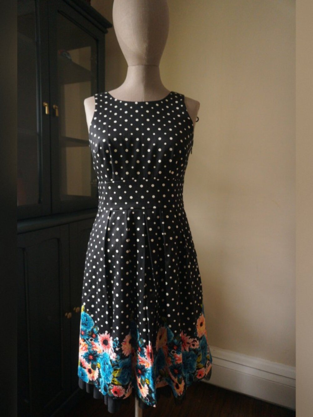 Suzy Shier Polka Dot & Floral Border Print A-Line Dress - NWT - Size S